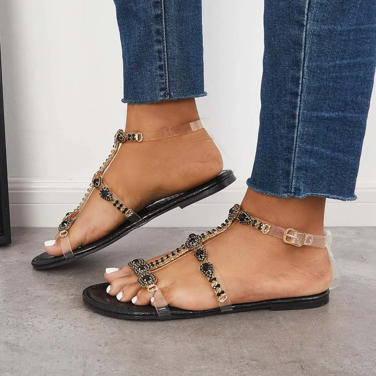 Sohiwoo  Women Open Toe Rhinestone T-Strap Sandals Ankle Strap Beach Sandals