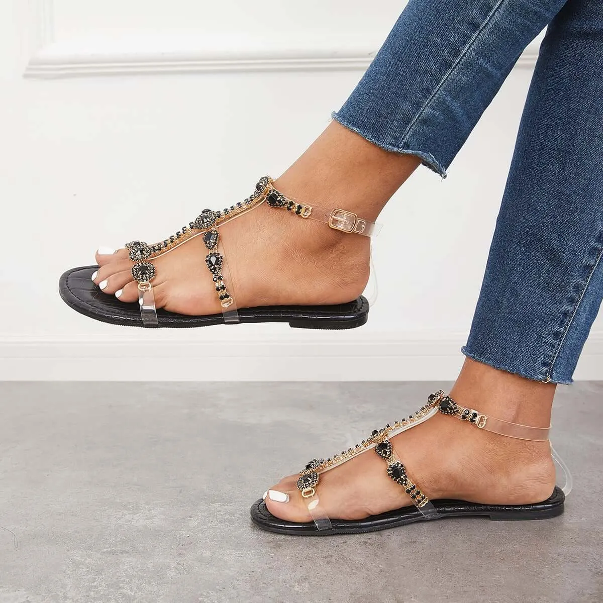 Sohiwoo  Women Open Toe Rhinestone T-Strap Sandals Ankle Strap Beach Sandals