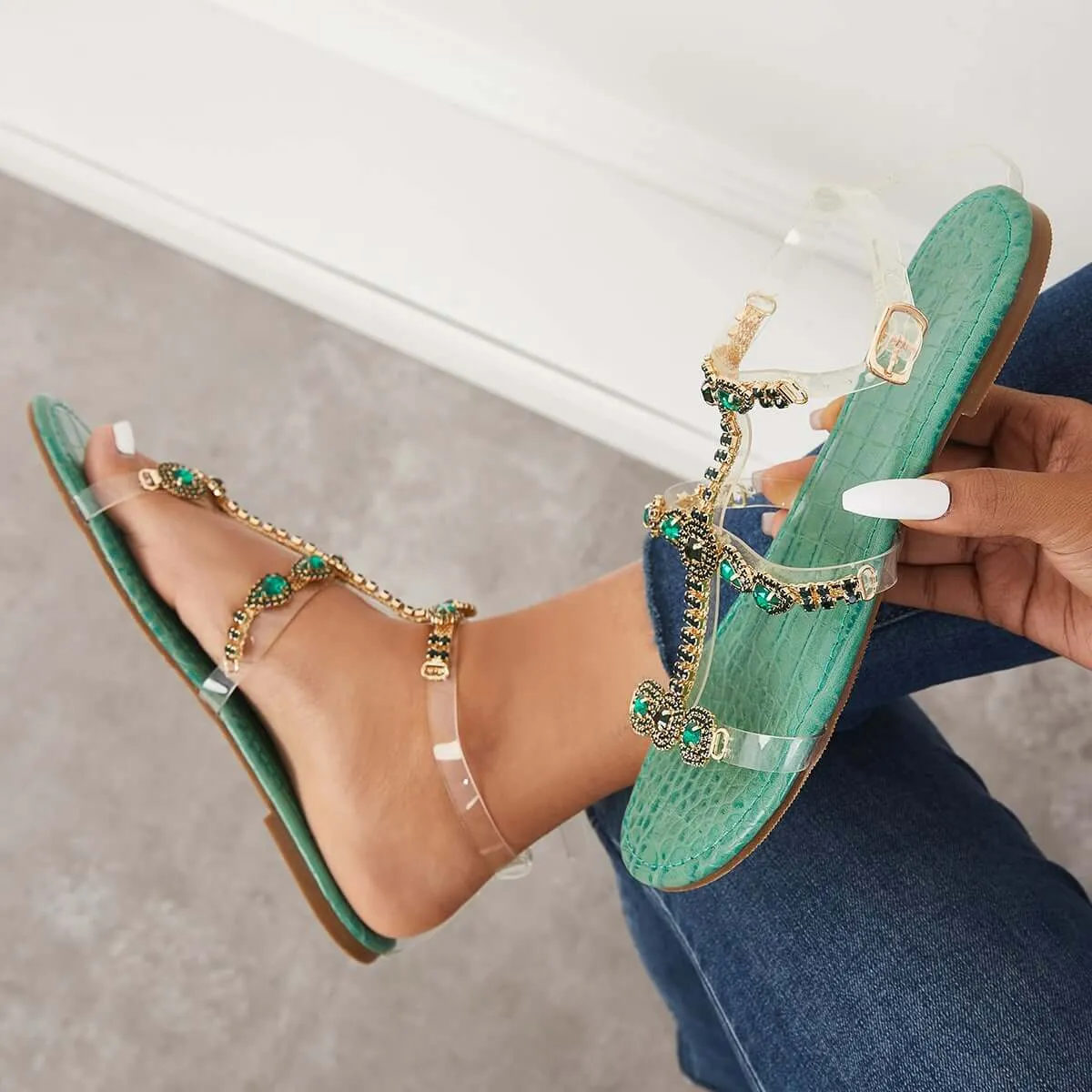 Sohiwoo  Women Open Toe Rhinestone T-Strap Sandals Ankle Strap Beach Sandals