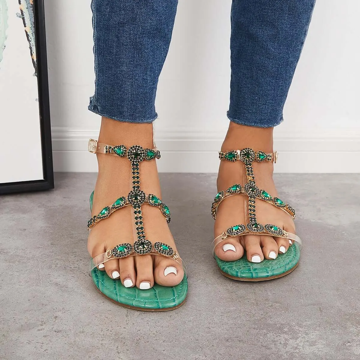 Sohiwoo  Women Open Toe Rhinestone T-Strap Sandals Ankle Strap Beach Sandals