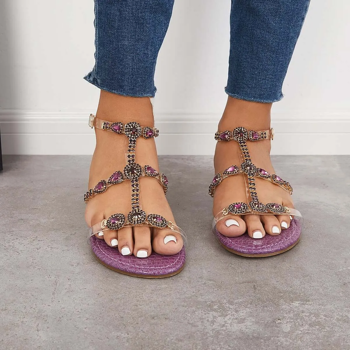 Sohiwoo  Women Open Toe Rhinestone T-Strap Sandals Ankle Strap Beach Sandals