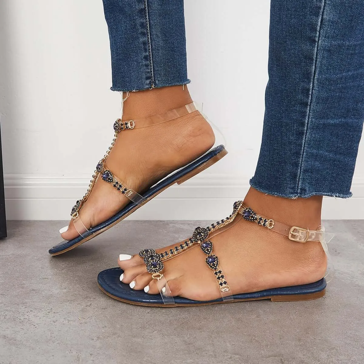 Sohiwoo  Women Open Toe Rhinestone T-Strap Sandals Ankle Strap Beach Sandals