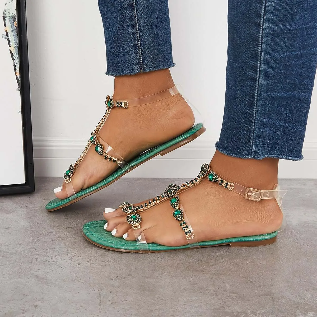 Sohiwoo  Women Open Toe Rhinestone T-Strap Sandals Ankle Strap Beach Sandals