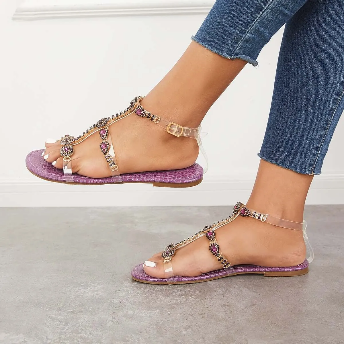 Sohiwoo  Women Open Toe Rhinestone T-Strap Sandals Ankle Strap Beach Sandals