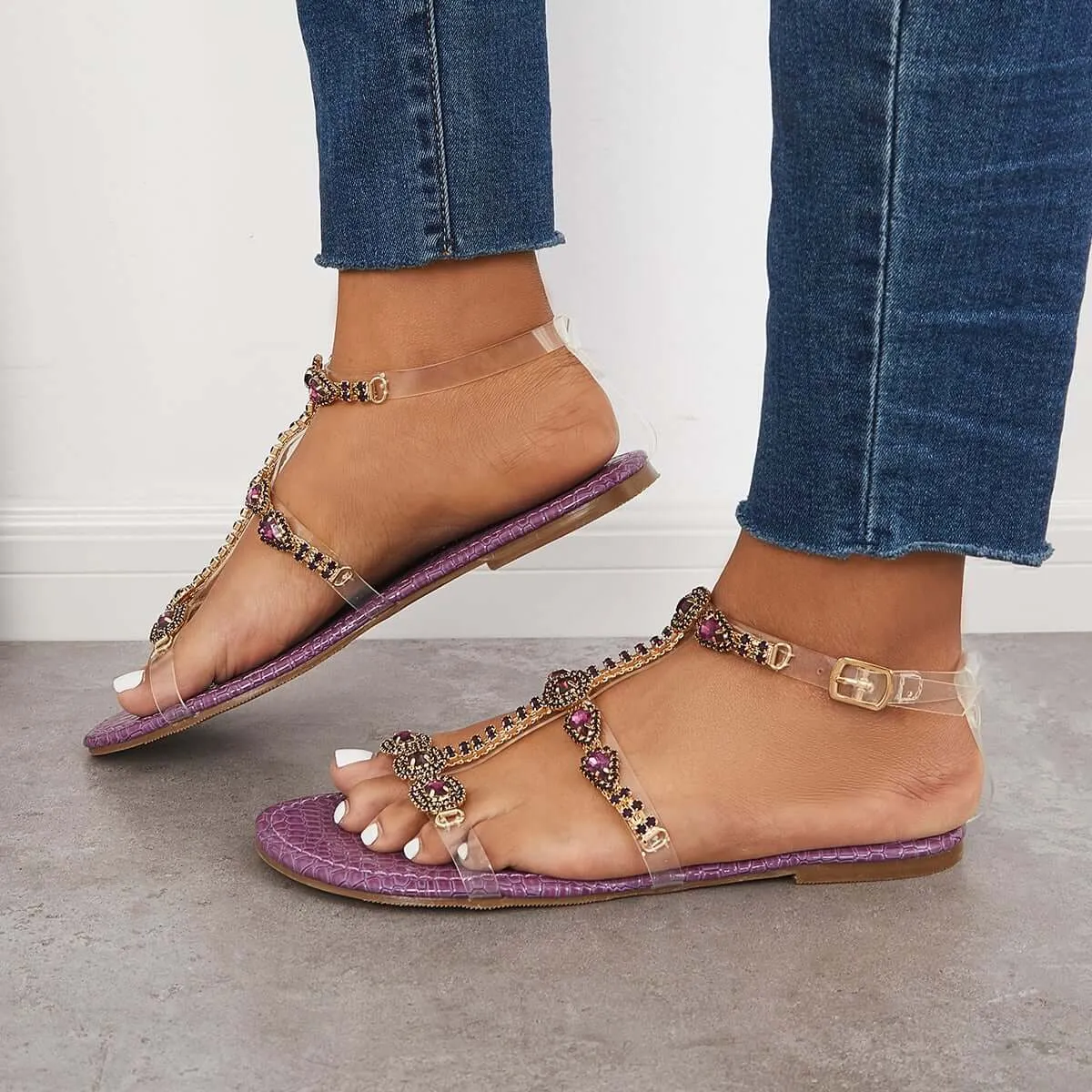 Sohiwoo  Women Open Toe Rhinestone T-Strap Sandals Ankle Strap Beach Sandals
